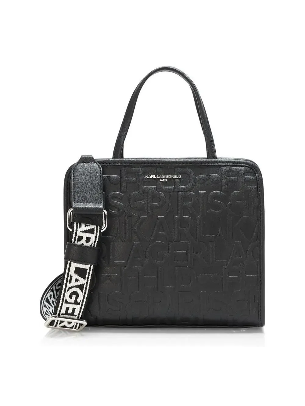NWT Karl Lagerfeld Black Embossed LOGO Maybelle Satchel Handbag Purse
